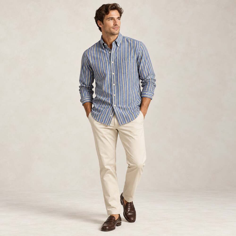 Lauren Ralph Lauren Mens 17.5 34/35 Blue Yellow Stripe Non Iron Dress Shirt